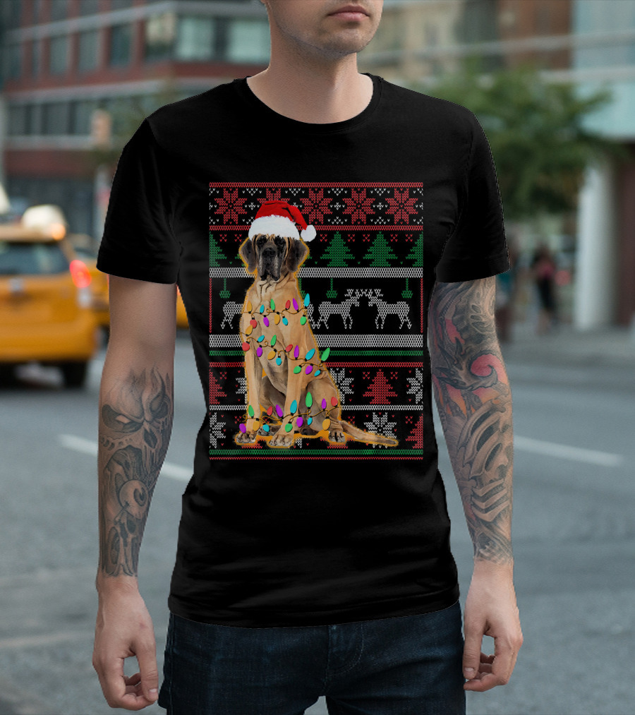 Great Dane Christmas Santa Hat Lights Ugly T-Shirt
