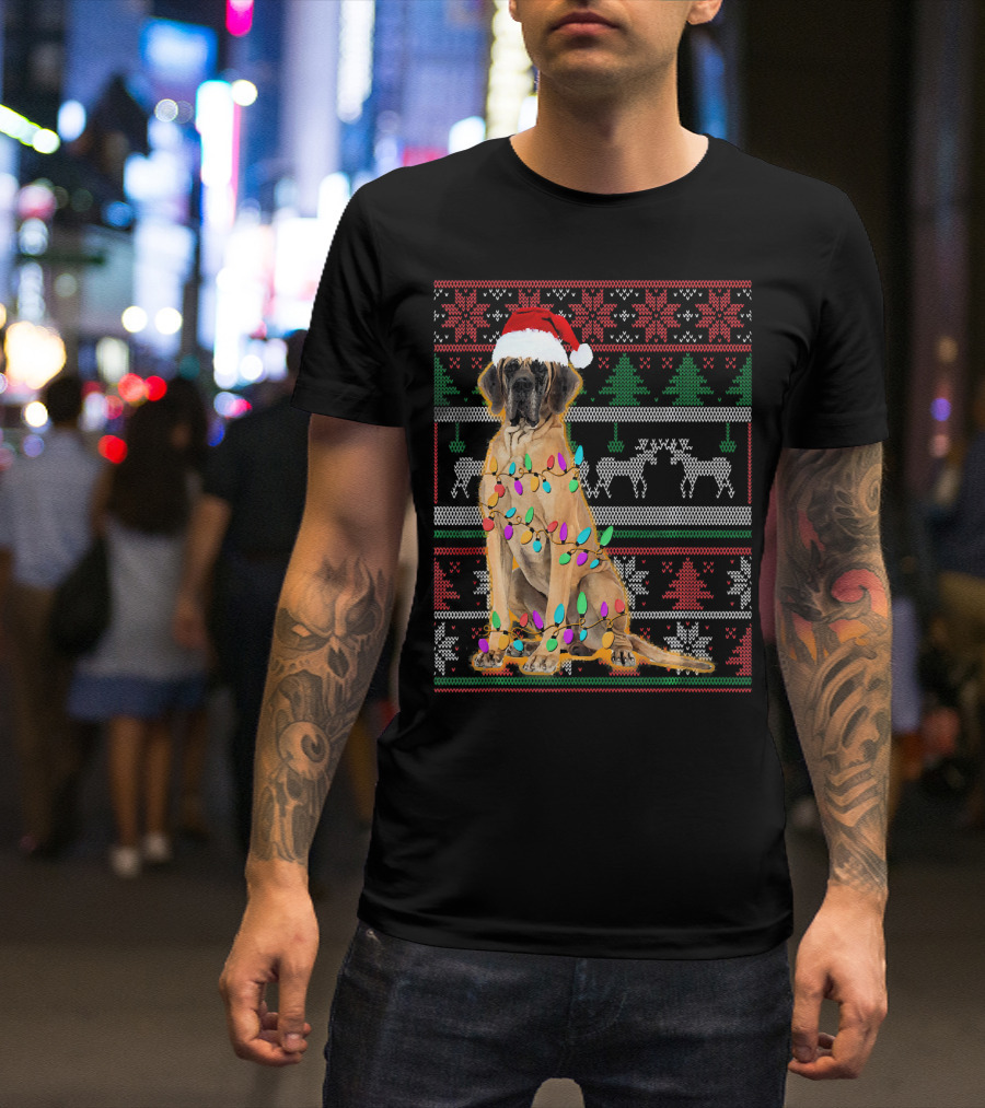 Great Dane Christmas Santa Hat Lights Ugly T-Shirt