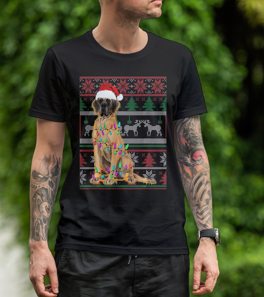 Great Dane Christmas Santa Hat Lights Ugly T-Shirt