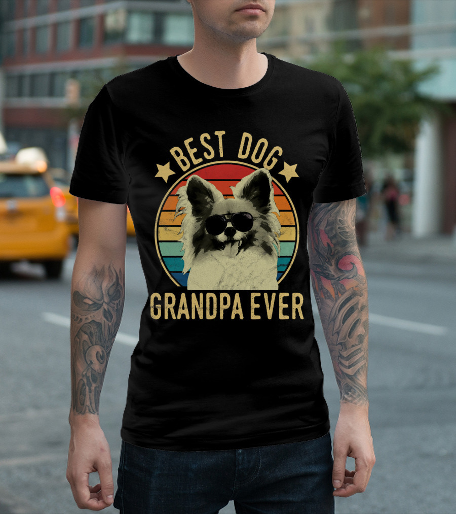 Best Dog Grandpa Ever Papillon Retro Sunglasses T-Shirt