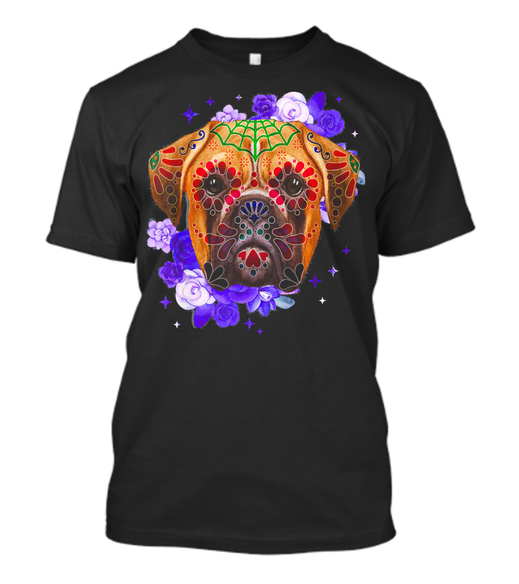 Boxer Dogs Day Of The Dead Sugar Skull Floral Purple Roses T-Shirt