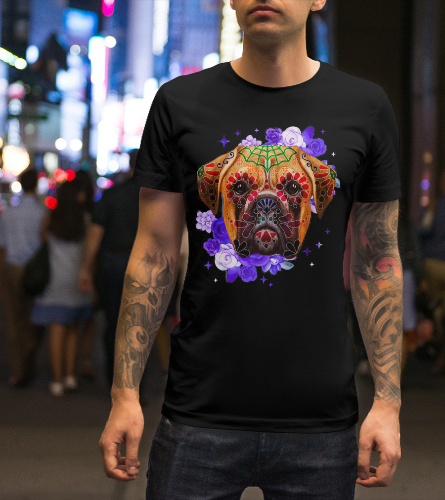 Boxer Dogs Day Of The Dead Sugar Skull Floral Purple Roses T-Shirt