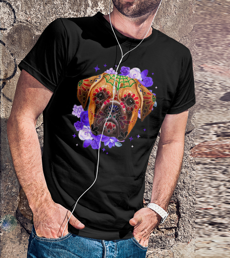 Boxer Dogs Day Of The Dead Sugar Skull Floral Purple Roses T-Shirt