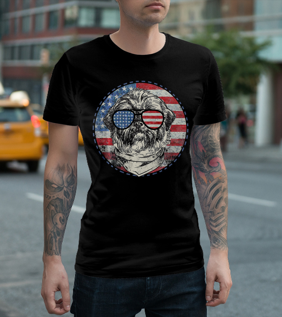 American Flag Shih Tzu Independence Day Patriotic Sunglasses T-Shirt