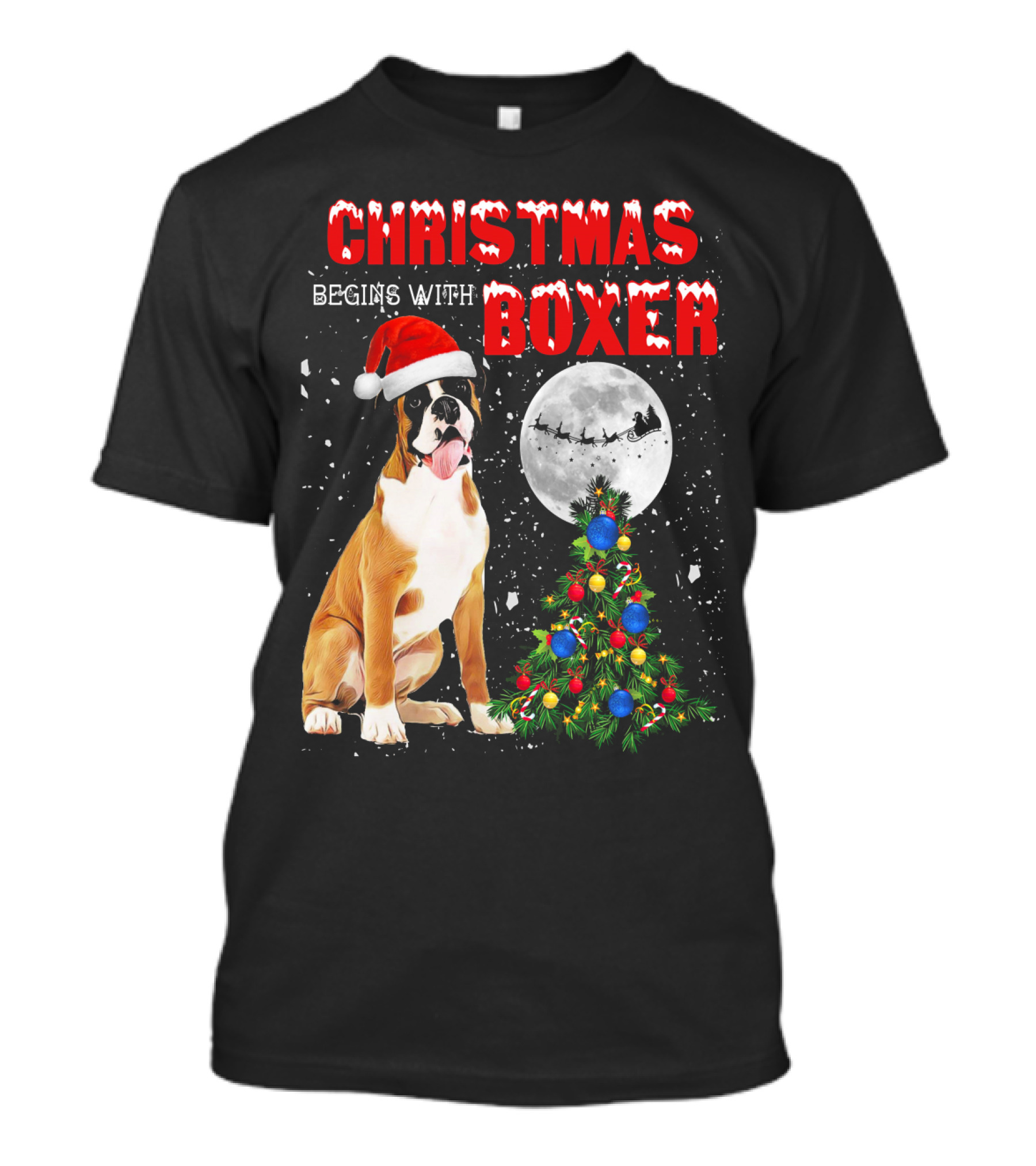 Christmas Begins With Boxer Santa Hat Full Moon Holiday Tree T-Shirt