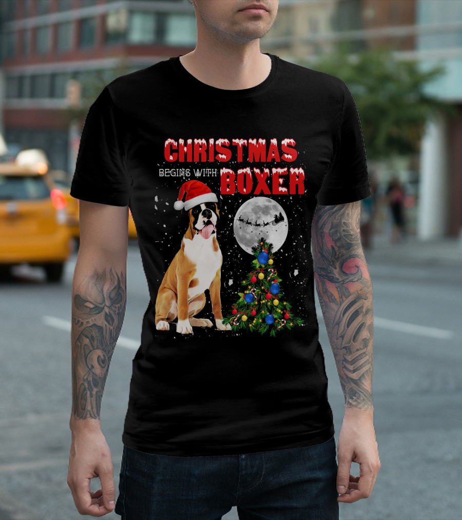 Christmas Begins With Boxer Santa Hat Full Moon Holiday Tree T-Shirt