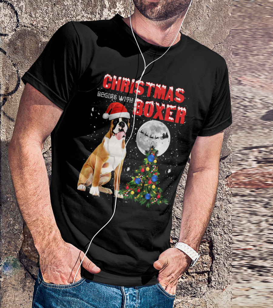Christmas Begins With Boxer Santa Hat Full Moon Holiday Tree T-Shirt