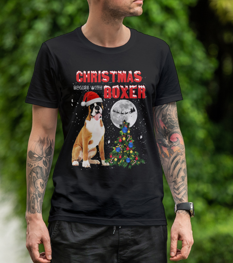 Christmas Begins With Boxer Santa Hat Full Moon Holiday Tree T-Shirt