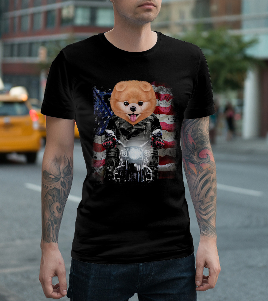 Pomeranian Dog Biker in Leather Jacket with American Flag Background T-Shirt