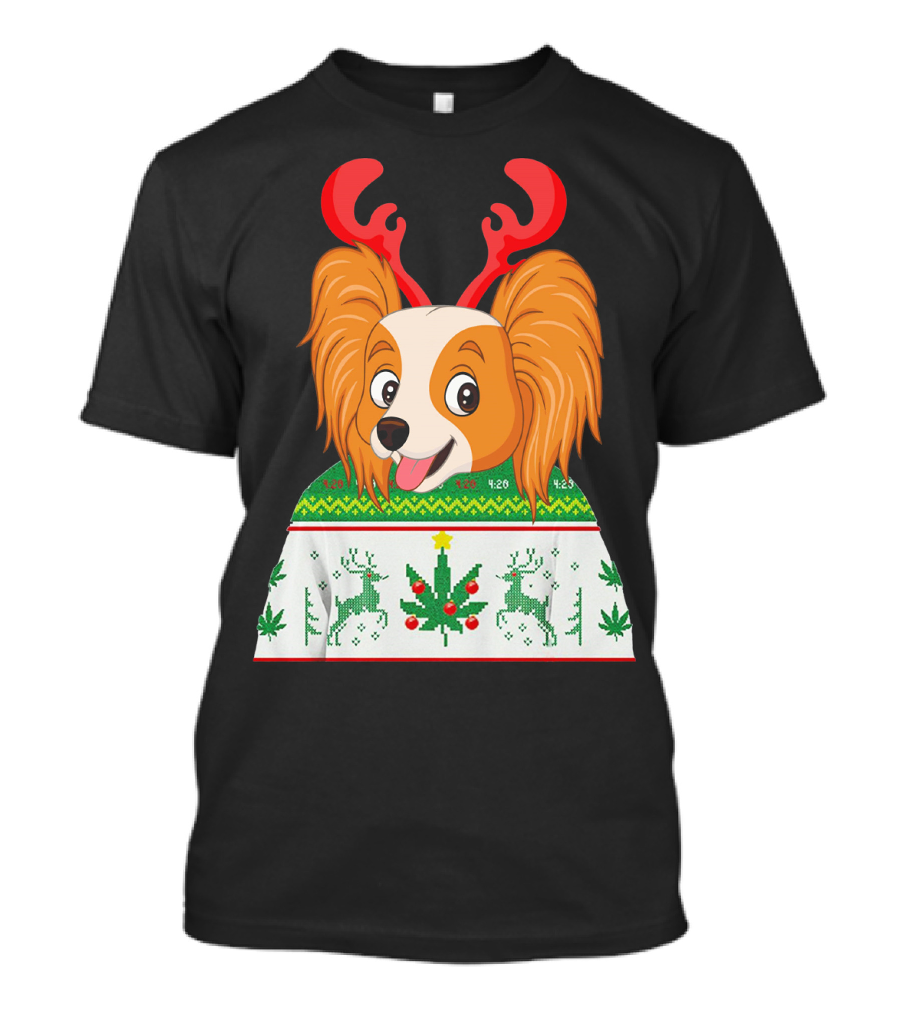 Papillon Ugly Christmas Dog With Antlers Reindeer Cannabis Weed Xmas T-Shirt