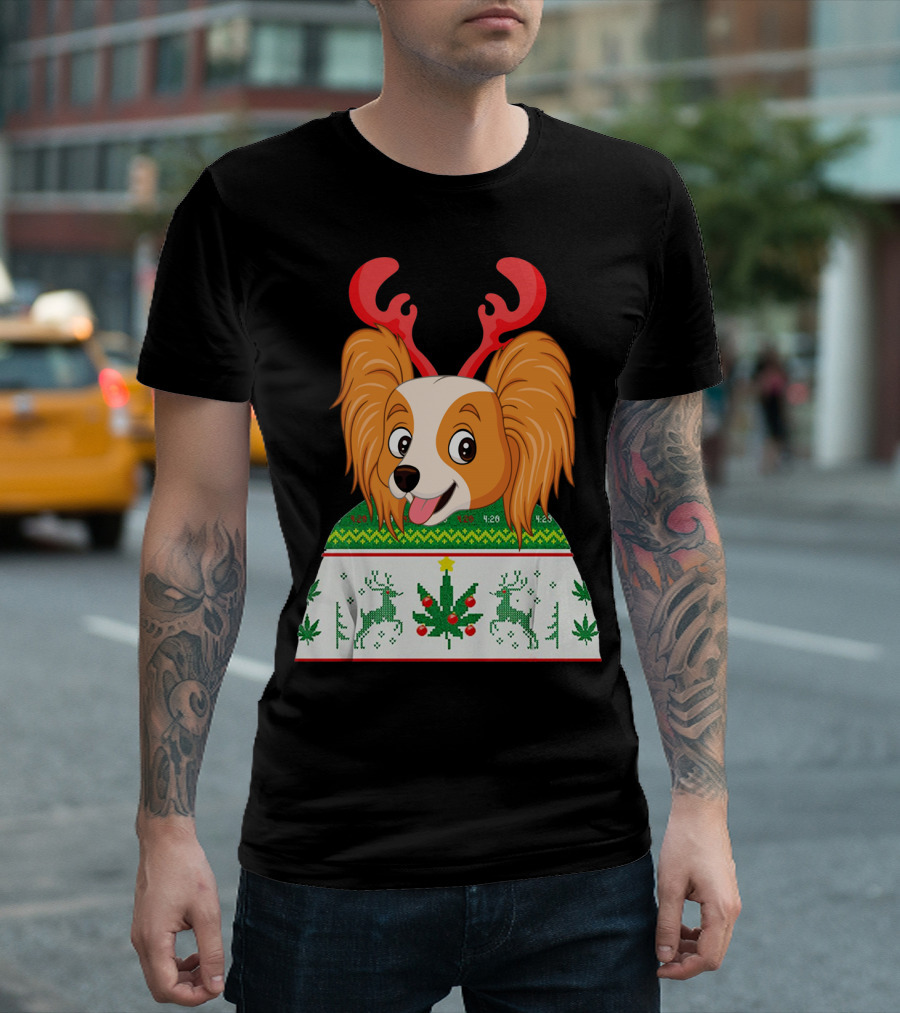 Papillon Ugly Christmas Dog With Antlers Reindeer Cannabis Weed Xmas T-Shirt