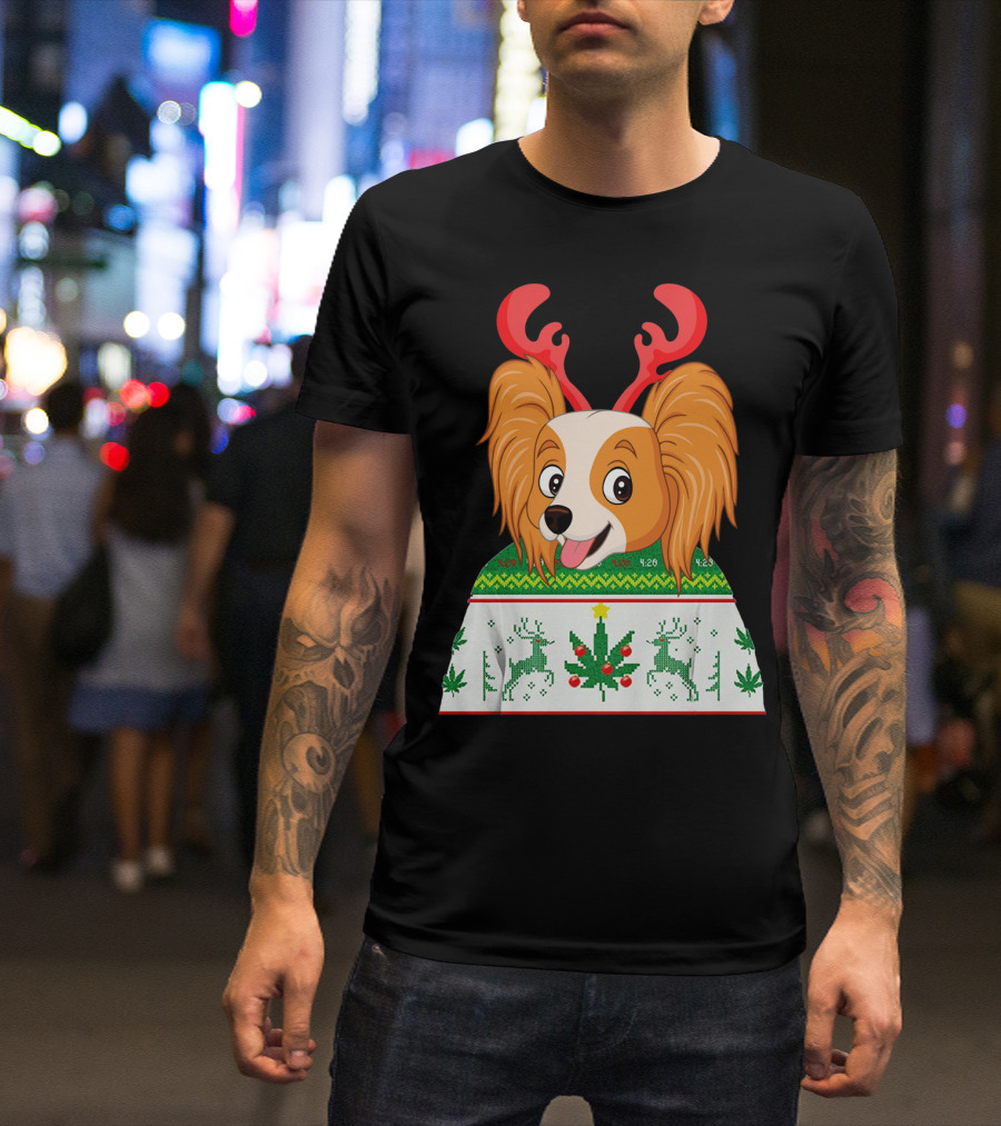 Papillon Ugly Christmas Dog With Antlers Reindeer Cannabis Weed Xmas T-Shirt