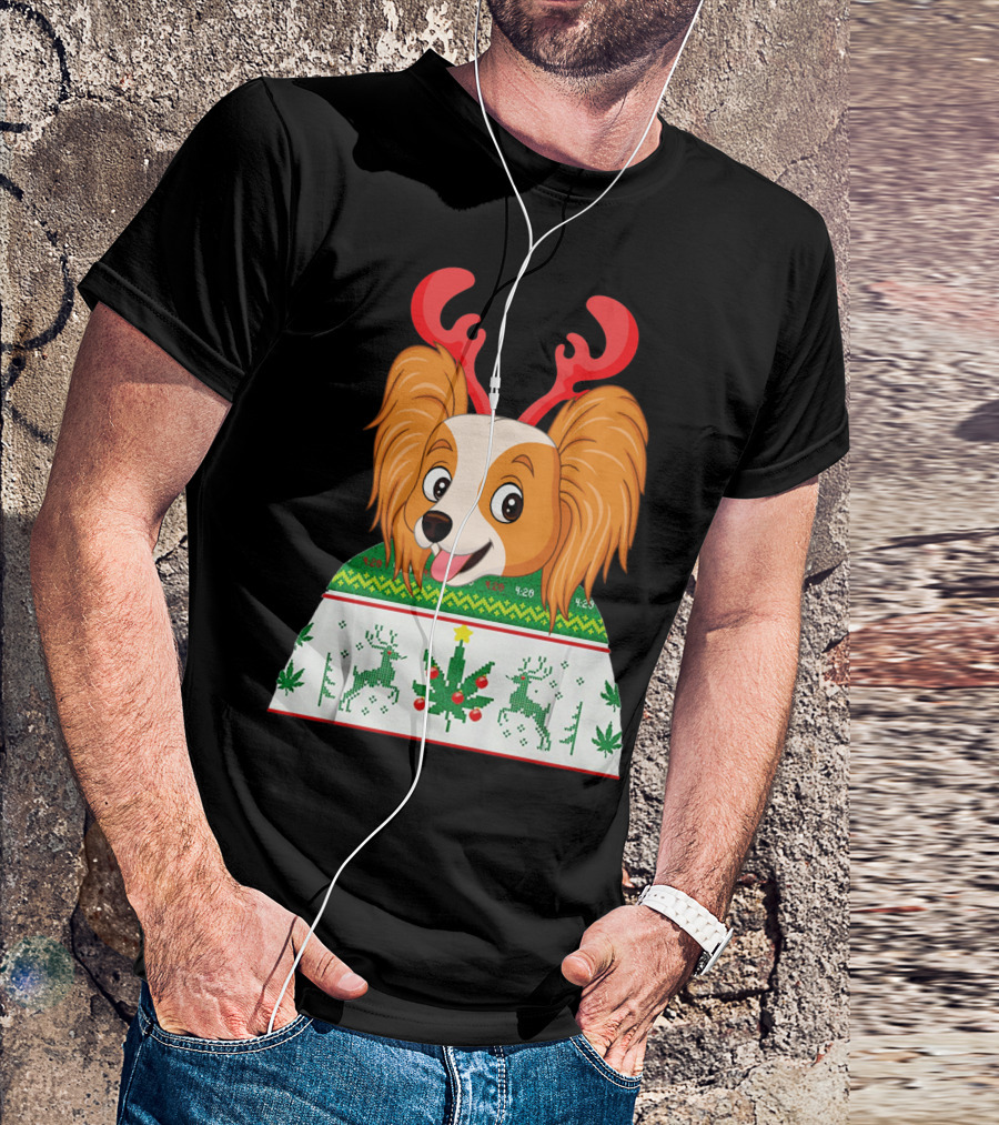 Papillon Ugly Christmas Dog With Antlers Reindeer Cannabis Weed Xmas T-Shirt