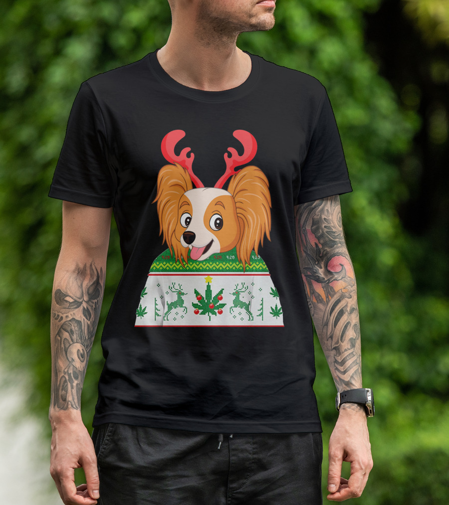 Papillon Ugly Christmas Dog With Antlers Reindeer Cannabis Weed Xmas T-Shirt