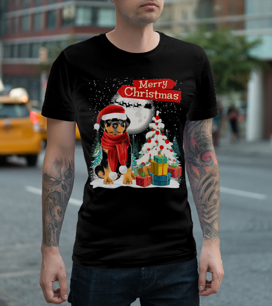 Merry Christmas Rottweiler Dog Santa Moon Tree Gifts T-Shirt