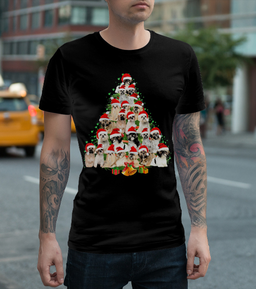 Shih Tzu Christmas Tree Santa Hat Festive Dogs T-Shirt