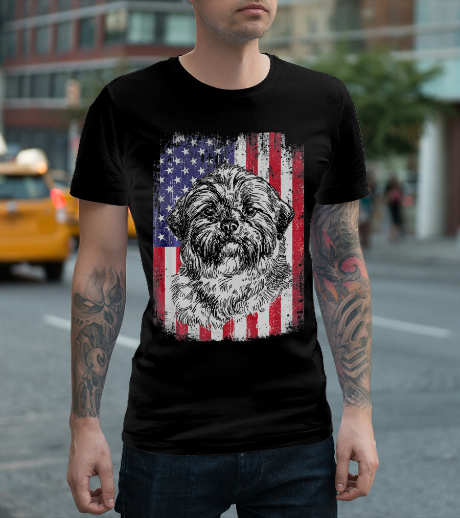 Shih Tzu American Flag Patriotic USA Dog T-Shirt