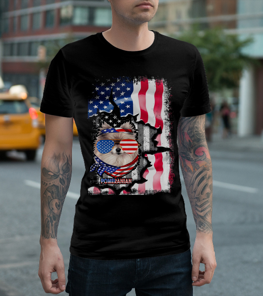 Pomeranian Dog in American Flag Bandana and Sunglasses with Stars and Stripes Background T-Shirt