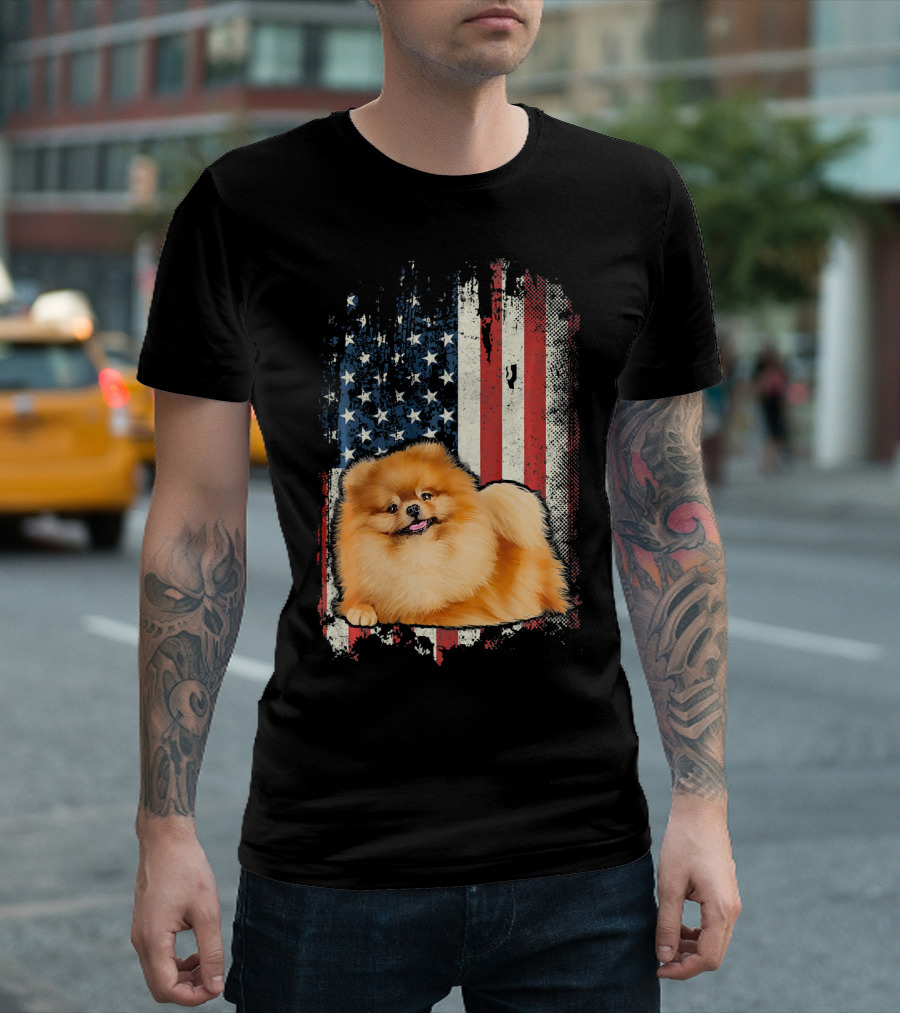 Pomeranian American Flag USA Patriotic Dog T-Shirt