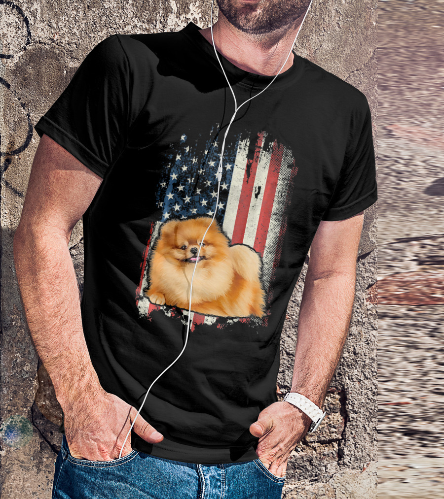 Pomeranian American Flag USA Patriotic Dog T-Shirt