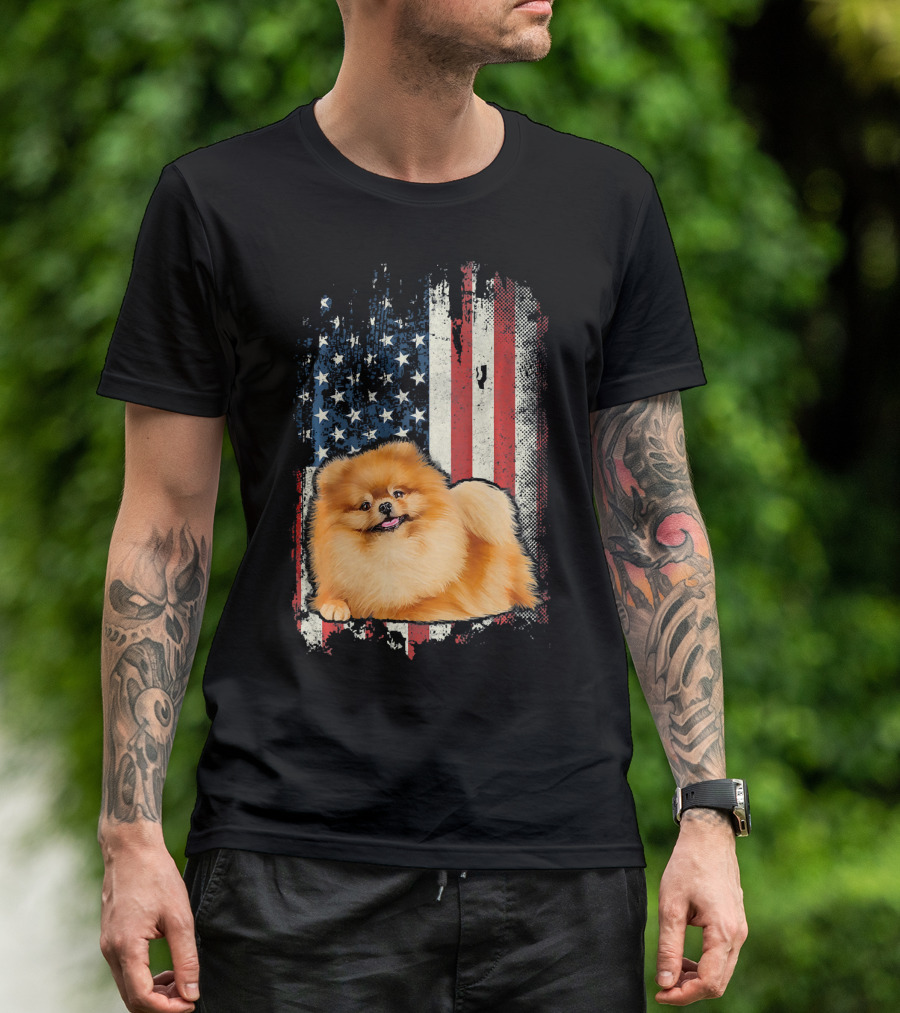 Pomeranian American Flag USA Patriotic Dog T-Shirt