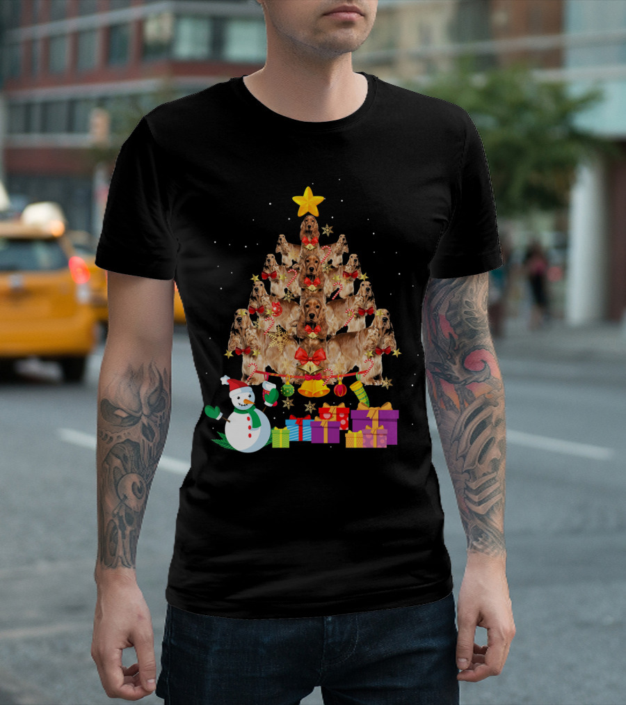 Cocker Spaniel Dog Christmas Tree with Snowman and Gifts T-Shirt