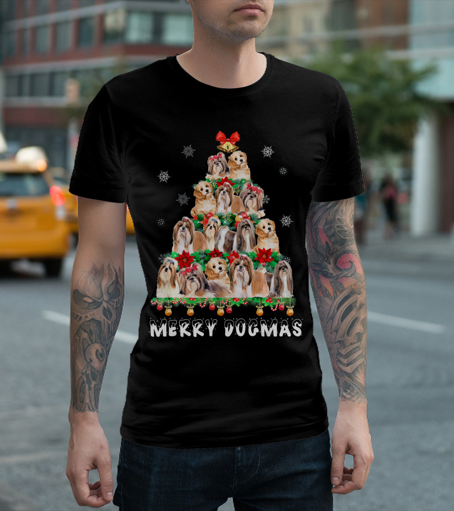 Merry Dogmas Shih Tzu Christmas Tree with Red Bows and Snowflakes T-Shirt