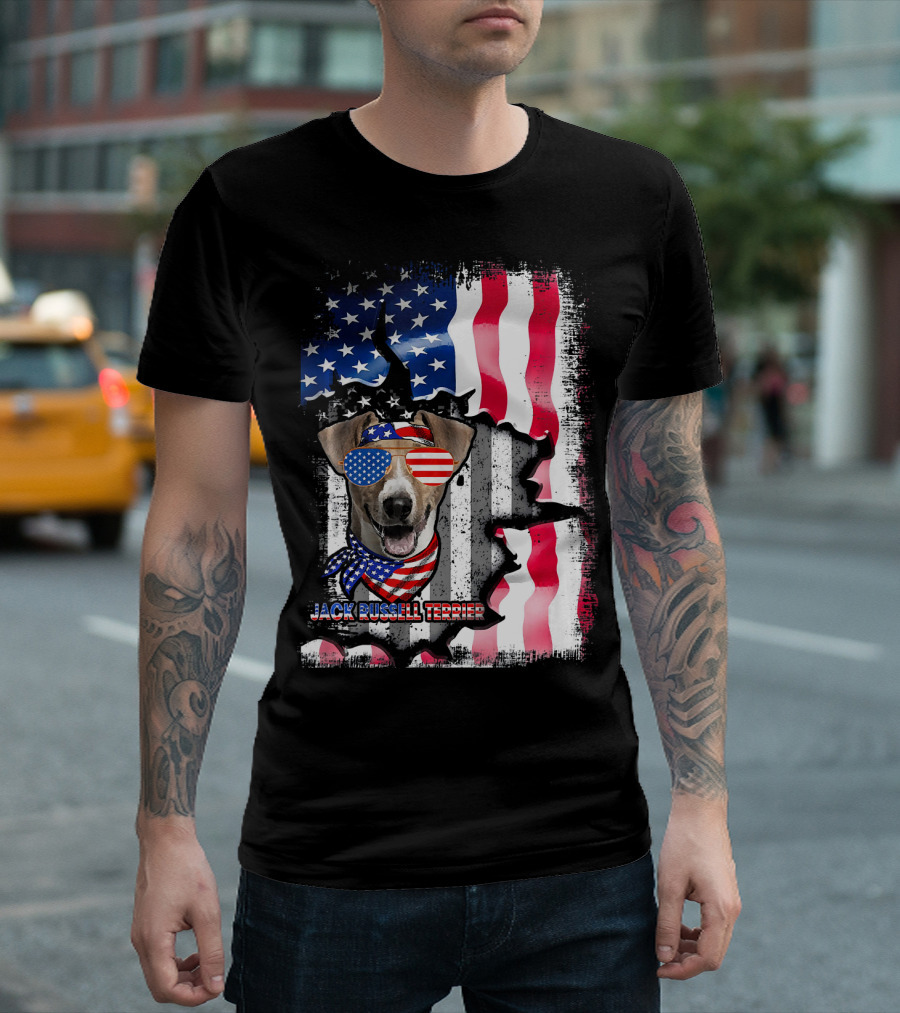 Jack Russell Terrier American Flag Sunglasses and Bandana Patriotic T-Shirt