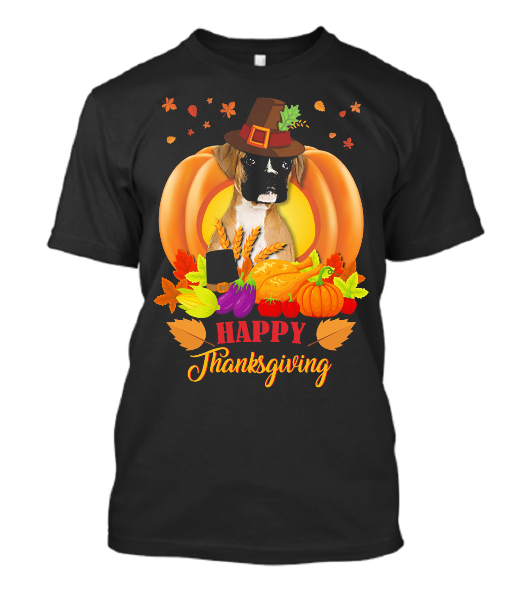 Happy Thanksgiving Boxer Dog In Pilgrim Hat Pumpkin Harvest Scene T-Shirt