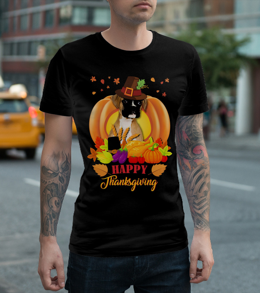 Happy Thanksgiving Boxer Dog In Pilgrim Hat Pumpkin Harvest Scene T-Shirt