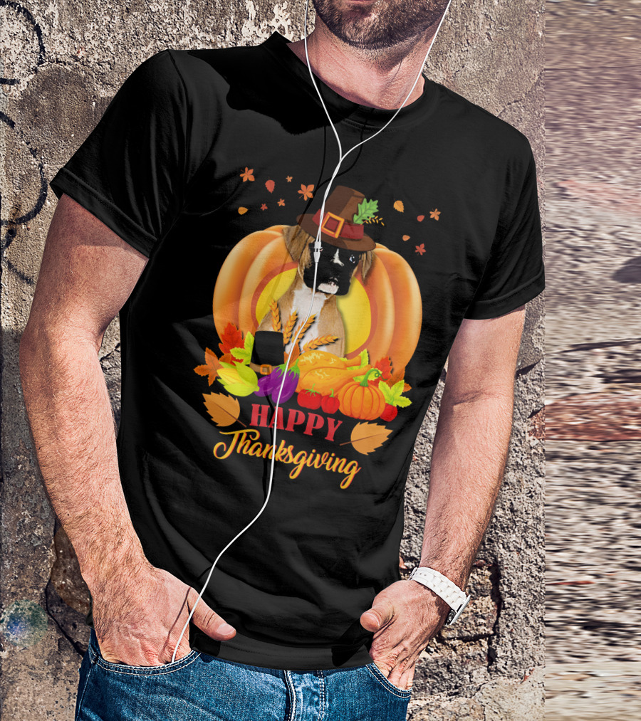 Happy Thanksgiving Boxer Dog In Pilgrim Hat Pumpkin Harvest Scene T-Shirt