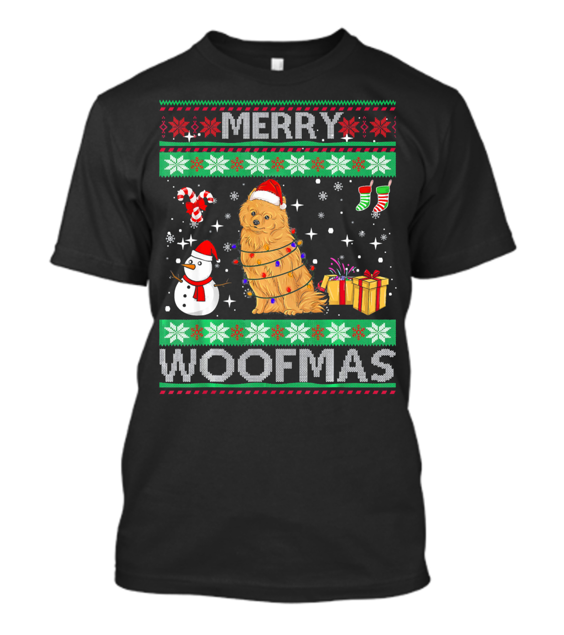 Merry Woofmas Pomeranian Dog Christmas Snowman Gifts And Candy Canes T-Shirt