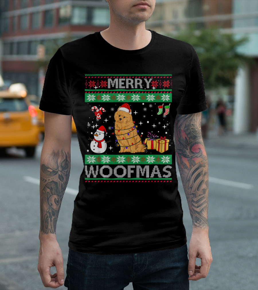 Merry Woofmas Pomeranian Dog Christmas Snowman Gifts And Candy Canes T-Shirt