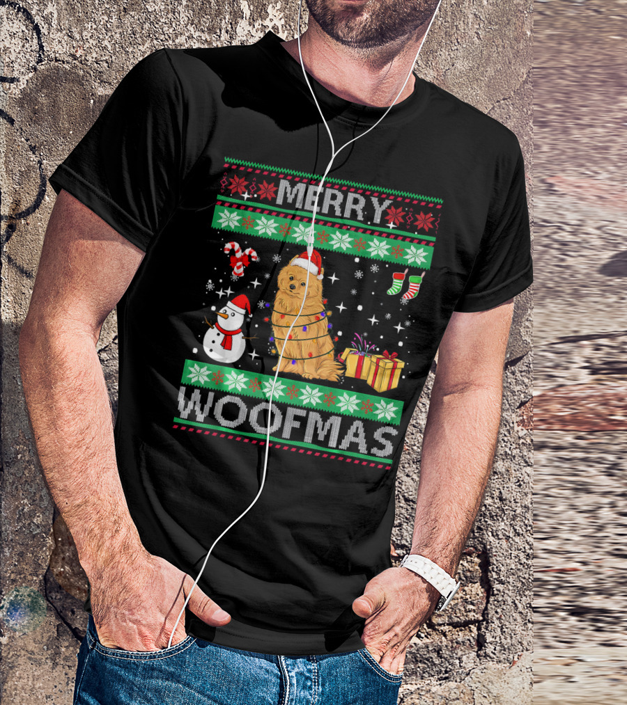 Merry Woofmas Pomeranian Dog Christmas Snowman Gifts And Candy Canes T-Shirt
