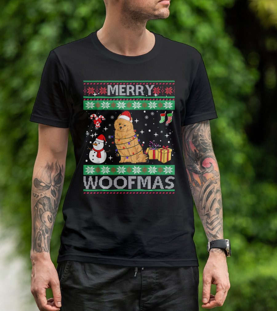 Merry Woofmas Pomeranian Dog Christmas Snowman Gifts And Candy Canes T-Shirt
