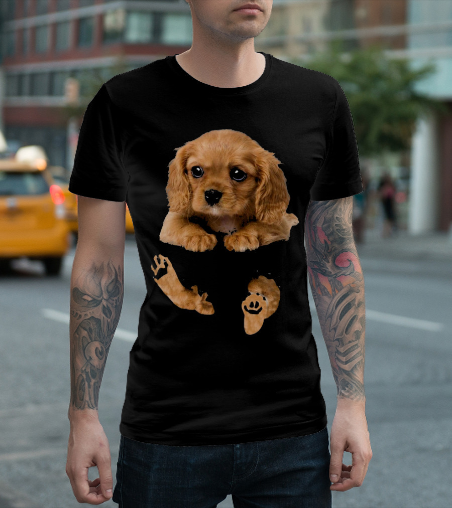 Cocker Spaniel Puppy in Pocket with Paw Print Paws T-Shirt