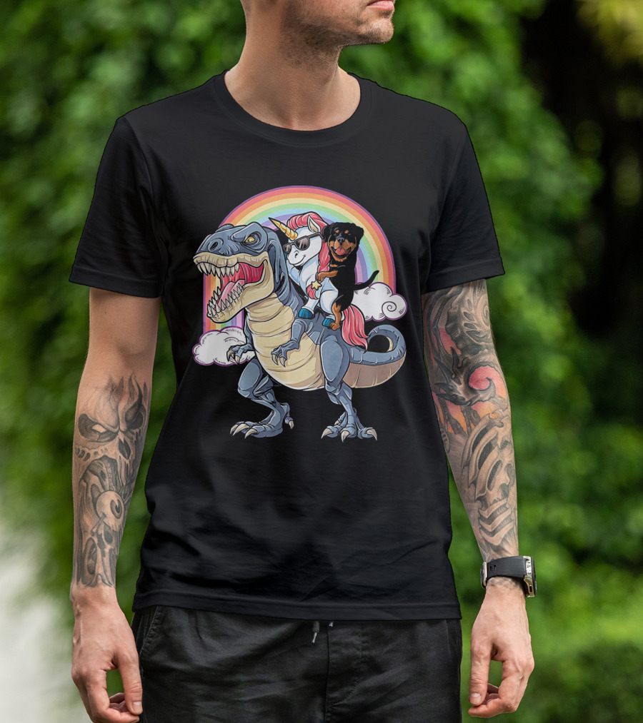 Rottweiler And Unicorn Ride Rex With Rainbow Clouds T-Shirt