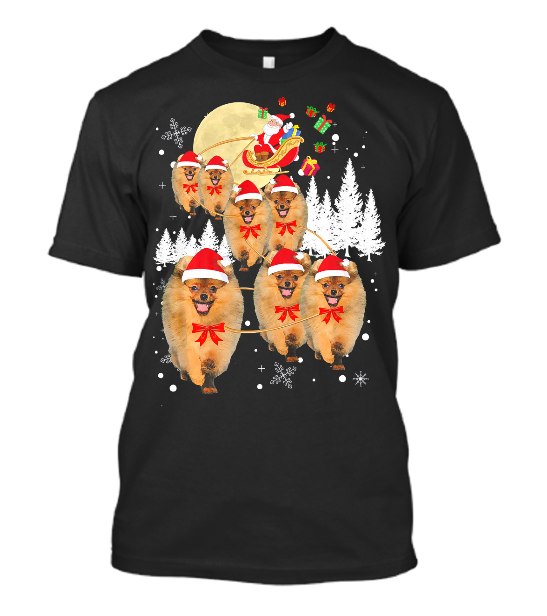 Pomeranian Christmas Reindeer Moon With Santa Sleigh And Presents T-Shirt