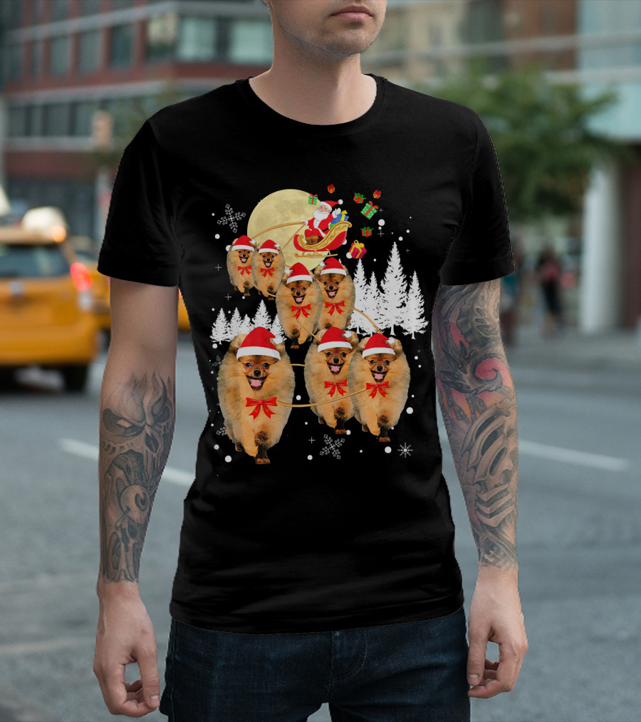 Pomeranian Christmas Reindeer Moon With Santa Sleigh And Presents T-Shirt