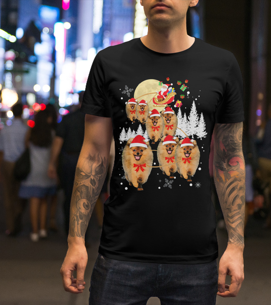 Pomeranian Christmas Reindeer Moon With Santa Sleigh And Presents T-Shirt