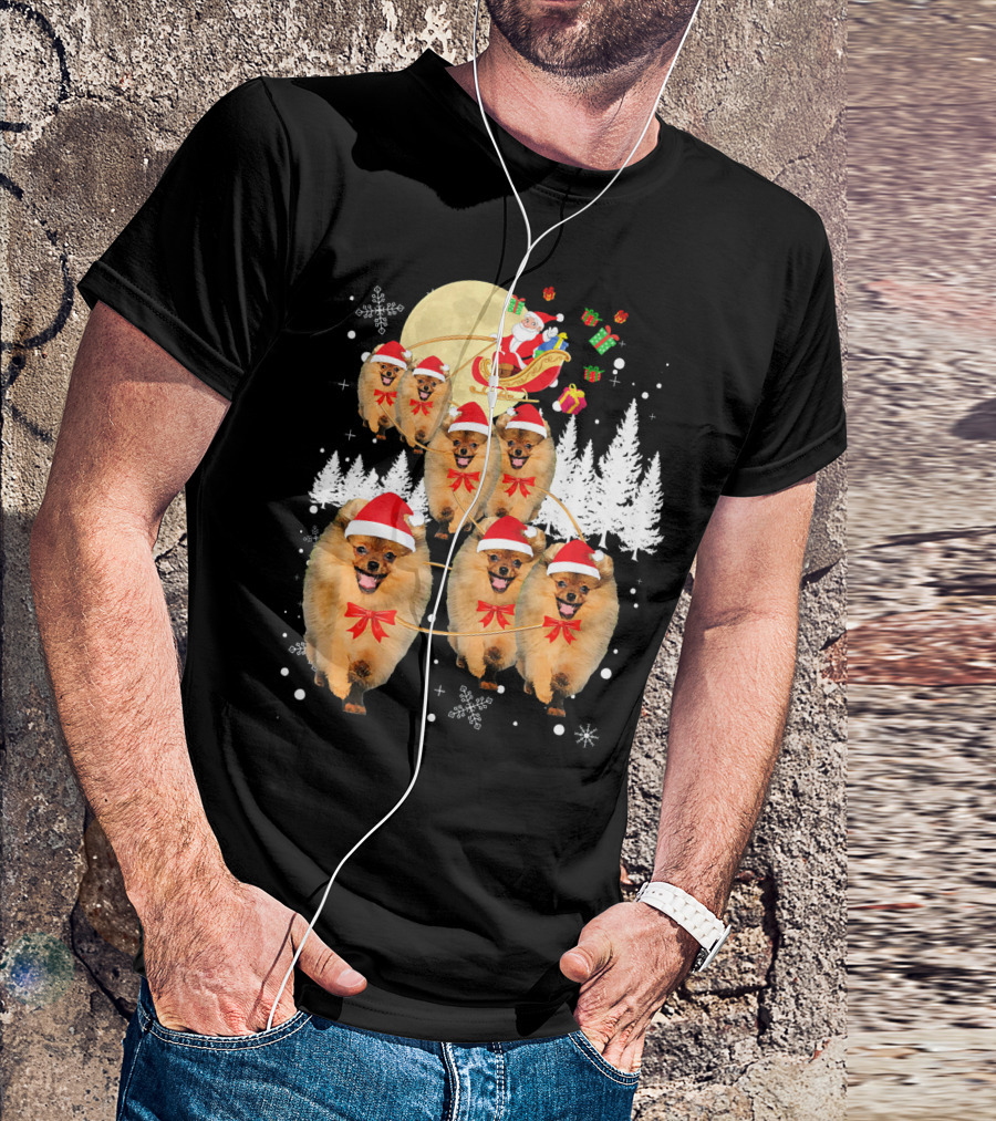 Pomeranian Christmas Reindeer Moon With Santa Sleigh And Presents T-Shirt