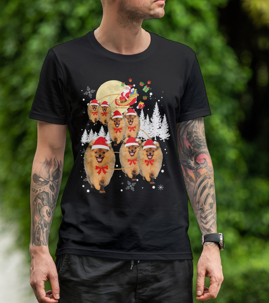 Pomeranian Christmas Reindeer Moon With Santa Sleigh And Presents T-Shirt