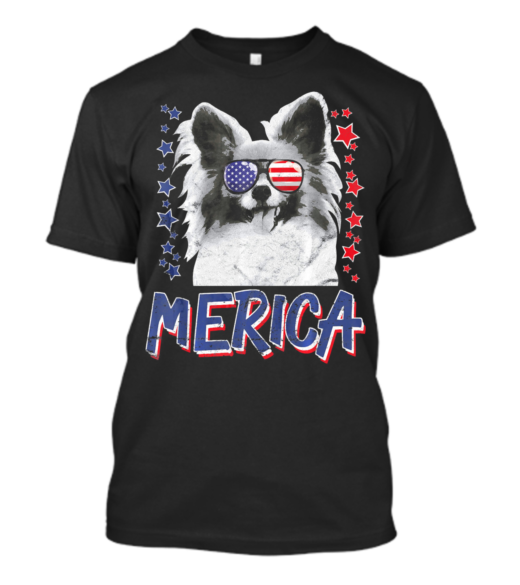 Merica Papillon Dog Patriotic Stars And Stripes Glasses 4th Of July USA T-Shirt