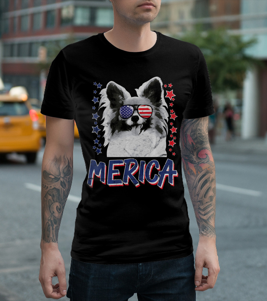 Merica Papillon Dog Patriotic Stars And Stripes Glasses 4th Of July USA T-Shirt