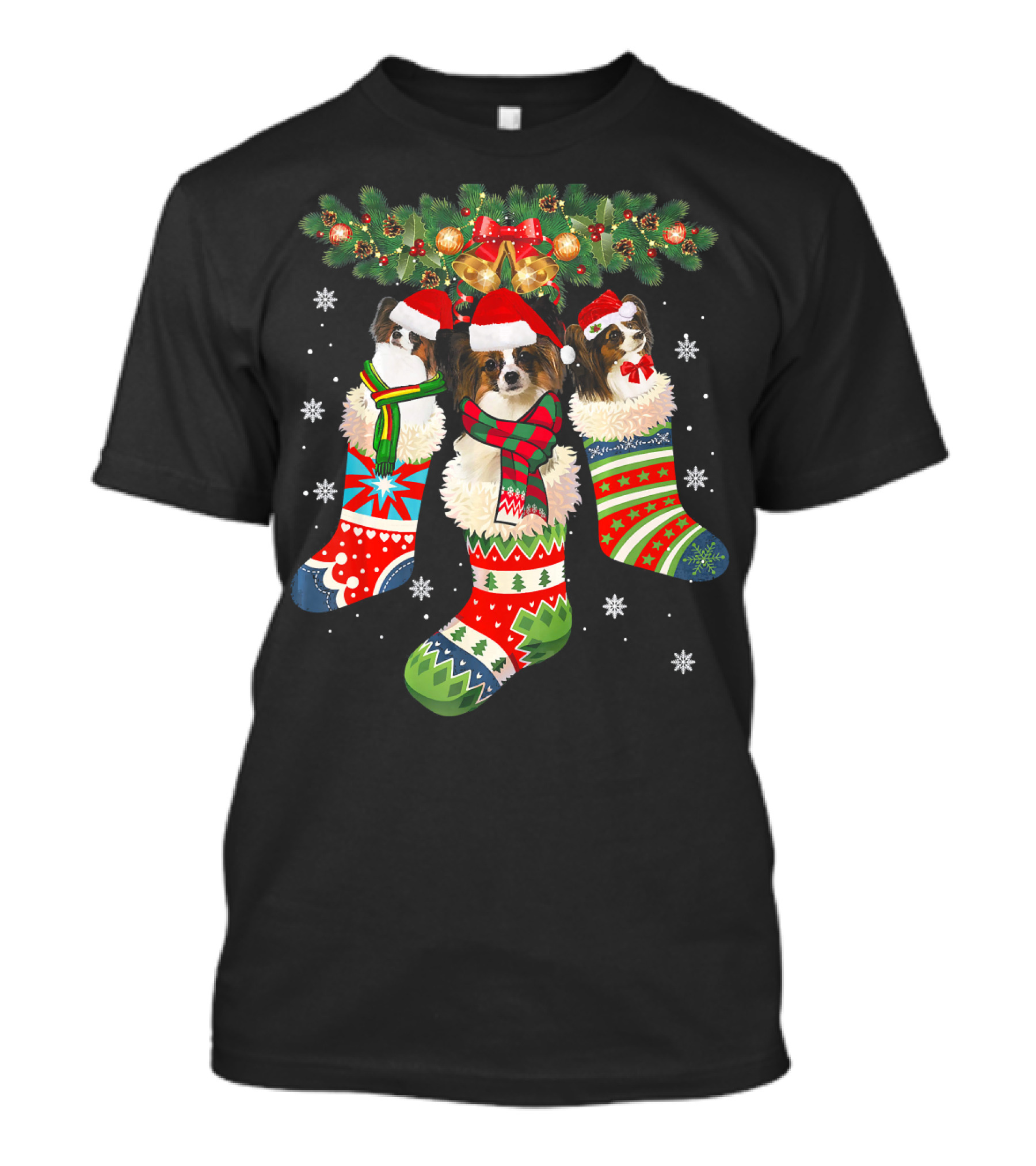 Three Papillon Dogs In Christmas Santa Stockings With Snowflakes And Ornaments T-Shirt