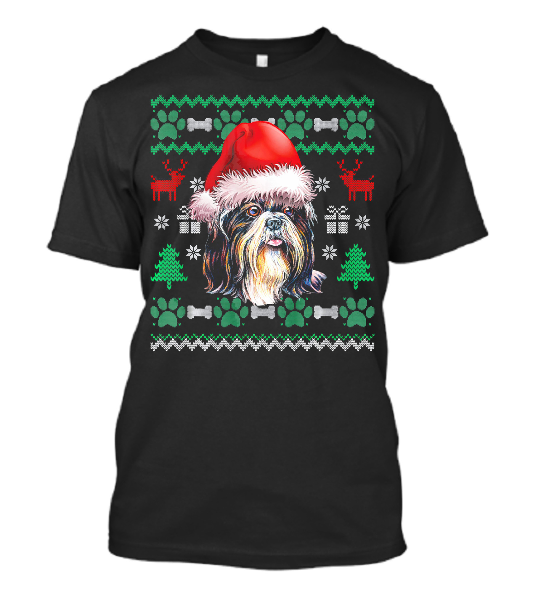 Shih Tzu Santa Hat Christmas Reindeer Pattern Ugly T-Shirt