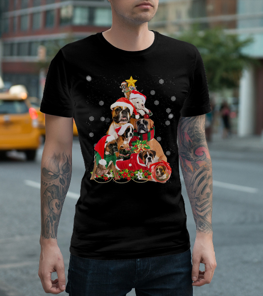 Boxer Christmas Tree Santa Hat Snowflake Wreath Funny Dog T-Shirt