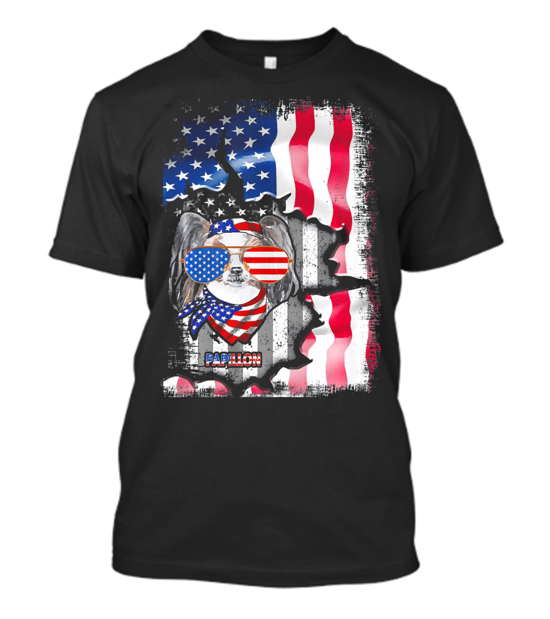Papillon Dog Lover Fun American USA Flag Sunglasses And Scarf T-Shirt