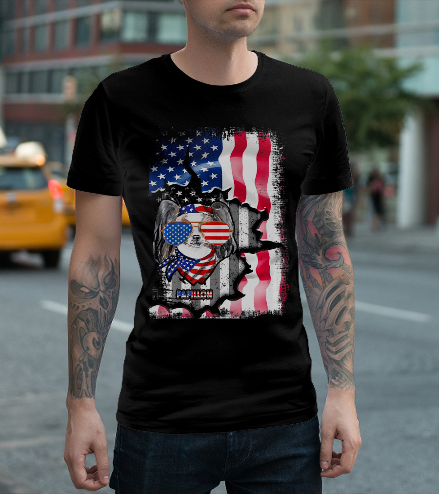 Papillon Dog Lover Fun American USA Flag Sunglasses And Scarf T-Shirt