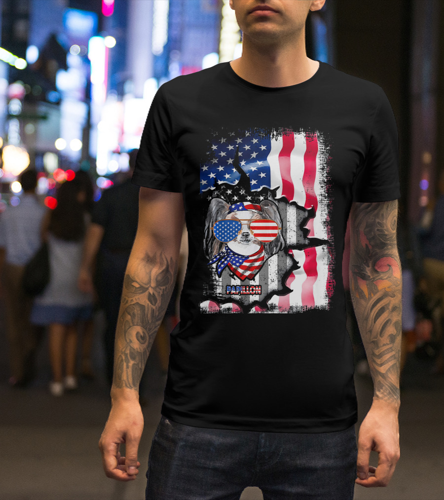 Papillon Dog Lover Fun American USA Flag Sunglasses And Scarf T-Shirt